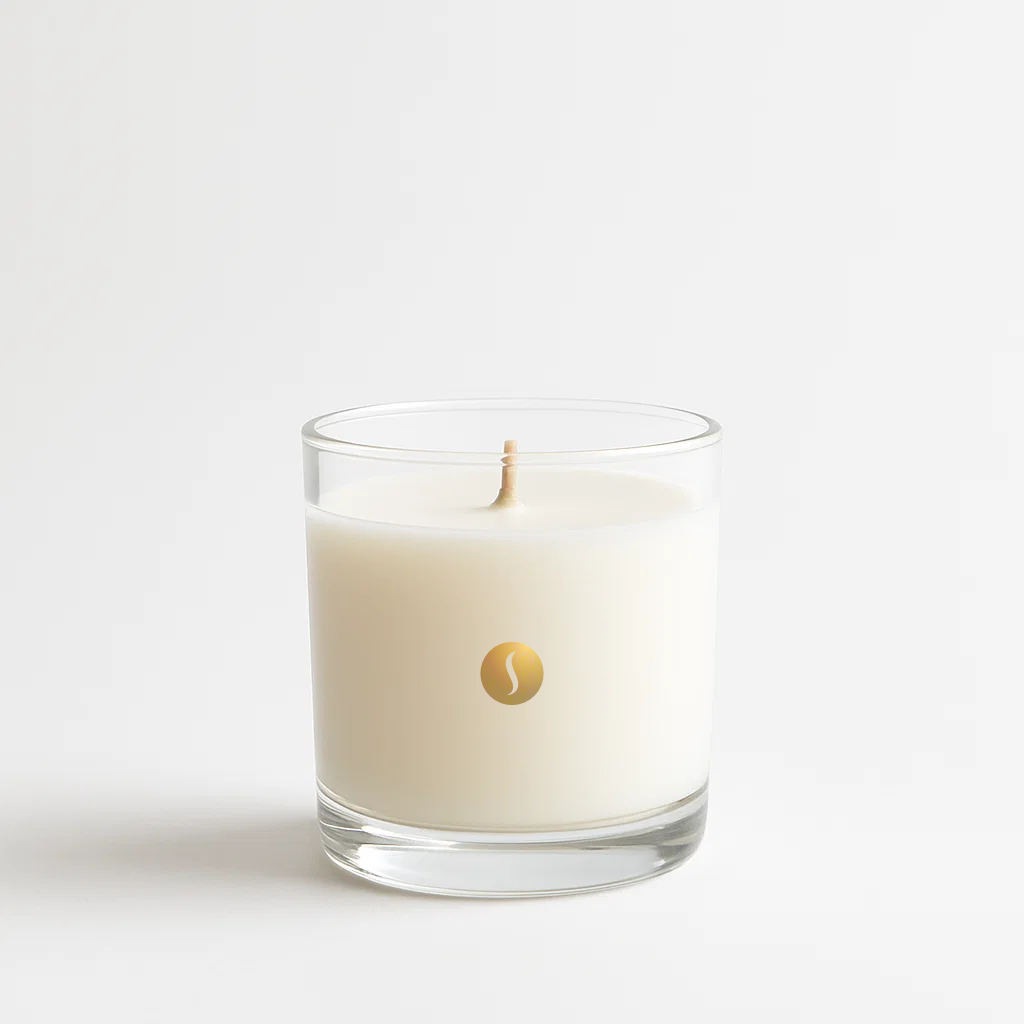 Candle in a glass jar with a logo on a black background